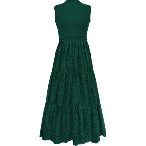 PRETTYGARDEN Summer Dresses for Women 2026 Casual Eyelet Sleeveless Wedding Guest Maxi Dress Tank Top Sundress with Pockets(Dark Green)