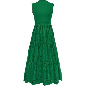 PRETTYGARDEN Summer Dresses for Women 2026 Casual Eyelet Sleeveless Wedding Guest Maxi Dress Tank Top Sundress with Pockets(Emerald Green)