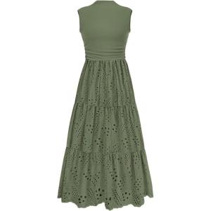 PRETTYGARDEN Summer Dresses for Women 2026 Casual Eyelet Sleeveless Wedding Guest Maxi Dress Tank Top Sundress with Pockets(Green)