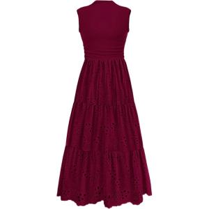 PRETTYGARDEN Summer Dresses for Women 2026 Casual Eyelet Sleeveless Wedding Guest Maxi Dress Tank Top Sundress with Pockets(Jujube Red)
