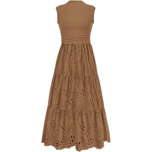 PRETTYGARDEN Summer Dresses for Women 2026 Casual Eyelet Sleeveless Wedding Guest Maxi Dress Tank Top Sundress with Pockets(Khaki)