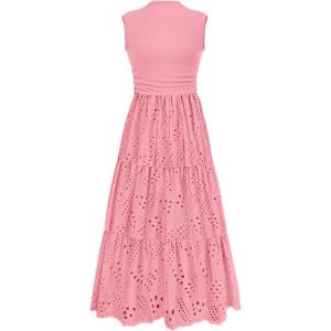 PRETTYGARDEN Summer Dresses for Women 2026 Casual Eyelet Sleeveless Wedding Guest Maxi Dress Tank Top Sundress with Pockets(Pink)