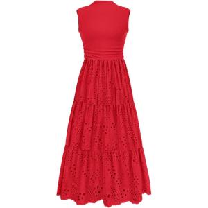 PRETTYGARDEN Summer Dresses for Women 2026 Casual Eyelet Sleeveless Wedding Guest Maxi Dress Tank Top Sundress with Pockets(Red)