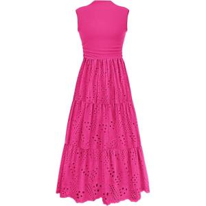 PRETTYGARDEN Summer Dresses for Women 2026 Casual Eyelet Sleeveless Wedding Guest Maxi Dress Tank Top Sundress with Pockets(Rose Red)