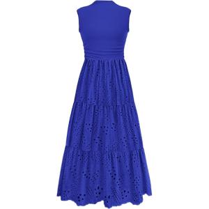 PRETTYGARDEN Summer Dresses for Women 2026 Casual Eyelet Sleeveless Wedding Guest Maxi Dress Tank Top Sundress with Pockets(Royal Blue)
