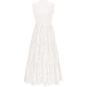 PRETTYGARDEN Summer Dresses for Women 2026 Casual Eyelet Sleeveless Wedding Guest Maxi Dress Tank Top Sundress with Pockets(White)