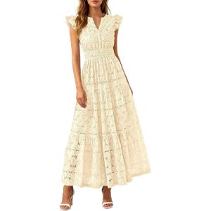 PRETTYGARDEN Womens Boho Maxi Dresses 2026 Summer Floral Lace Eyelet V Neck Spring Wedding Guest Dress Beach Vacation Clothes(Beige)