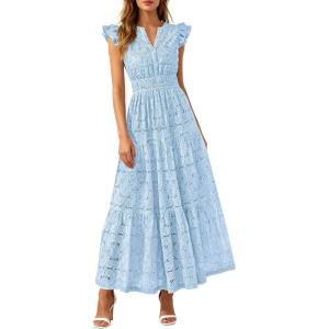 PRETTYGARDEN Womens Boho Maxi Dresses 2026 Summer Floral Lace Eyelet V Neck Spring Wedding Guest Dress Beach Vacation Clothes(Light Blue)