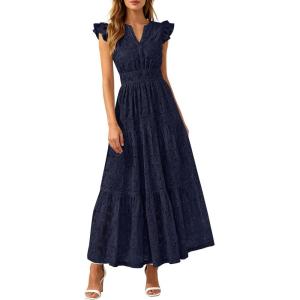 PRETTYGARDEN Womens Boho Maxi Dresses 2026 Summer Floral Lace Eyelet V Neck Spring Wedding Guest Dress Beach Vacation Clothes(Navy Blue)