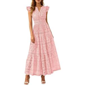 PRETTYGARDEN Womens Boho Maxi Dresses 2026 Summer Floral Lace Eyelet V Neck Spring Wedding Guest Dress Beach Vacation Clothes(Pink)