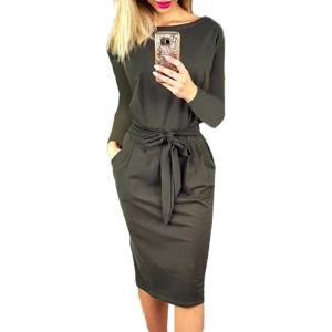 PRETTYGARDEN Women’s Fall Bodycon Party Dress Casual Long Sleeve Tie Waist Fitted Sheath Pencil Dresses with Pockets(Dark Grey)
