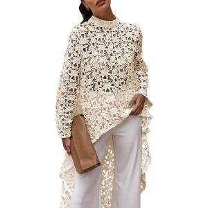 PRETTYGARDEN Women’s Long Sleeve Round Neck High Low Asymmetrical Irregular Hem Casual Tops Blouse Shirt Dress(Apricot)