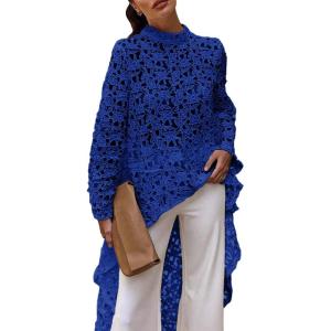 PRETTYGARDEN Women’s Long Sleeve Round Neck High Low Asymmetrical Irregular Hem Casual Tops Blouse Shirt Dress(Blue)