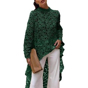 PRETTYGARDEN Women’s Long Sleeve Round Neck High Low Asymmetrical Irregular Hem Casual Tops Blouse Shirt Dress(Dark Green)