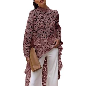 PRETTYGARDEN Women’s Long Sleeve Round Neck High Low Asymmetrical Irregular Hem Casual Tops Blouse Shirt Dress(Dusty Pink)