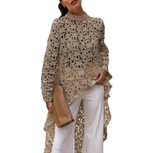 PRETTYGARDEN Women’s Long Sleeve Round Neck High Low Asymmetrical Irregular Hem Casual Tops Blouse Shirt Dress(Khaki)
