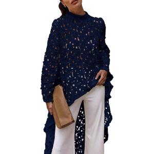 PRETTYGARDEN Women’s Long Sleeve Round Neck High Low Asymmetrical Irregular Hem Casual Tops Blouse Shirt Dress(Navy)
