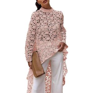 PRETTYGARDEN Women’s Long Sleeve Round Neck High Low Asymmetrical Irregular Hem Casual Tops Blouse Shirt Dress(Pink)