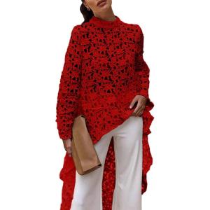 PRETTYGARDEN Women’s Long Sleeve Round Neck High Low Asymmetrical Irregular Hem Casual Tops Blouse Shirt Dress(Red)