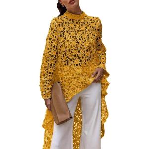 PRETTYGARDEN Women’s Long Sleeve Round Neck High Low Asymmetrical Irregular Hem Casual Tops Blouse Shirt Dress(Turmeric)