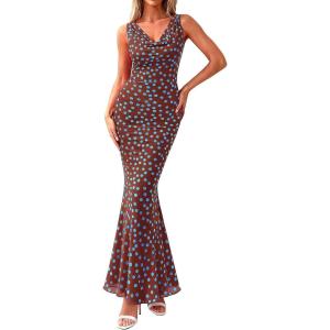 PRETTYGARDEN Women’s Wedding Guest Dresses Summer 2026 Cowl Neck Sleeveless Bodycon Beach Vacation Party Floral Maxi Dress(Polka Dot Brown Blue)