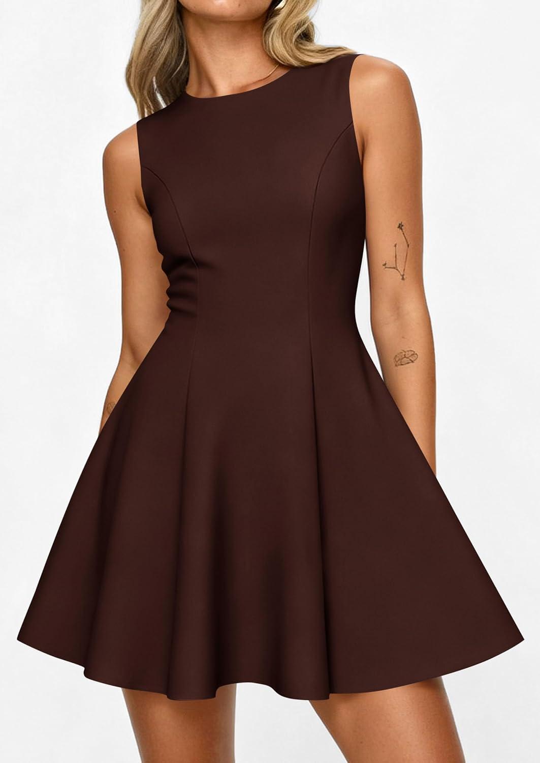 imagePRETTYGARDEN Cocktail Dresses for Women 2026 Summer Formal Boat Neck A Line Spring Elegant Graduation Party Mini DressBrown