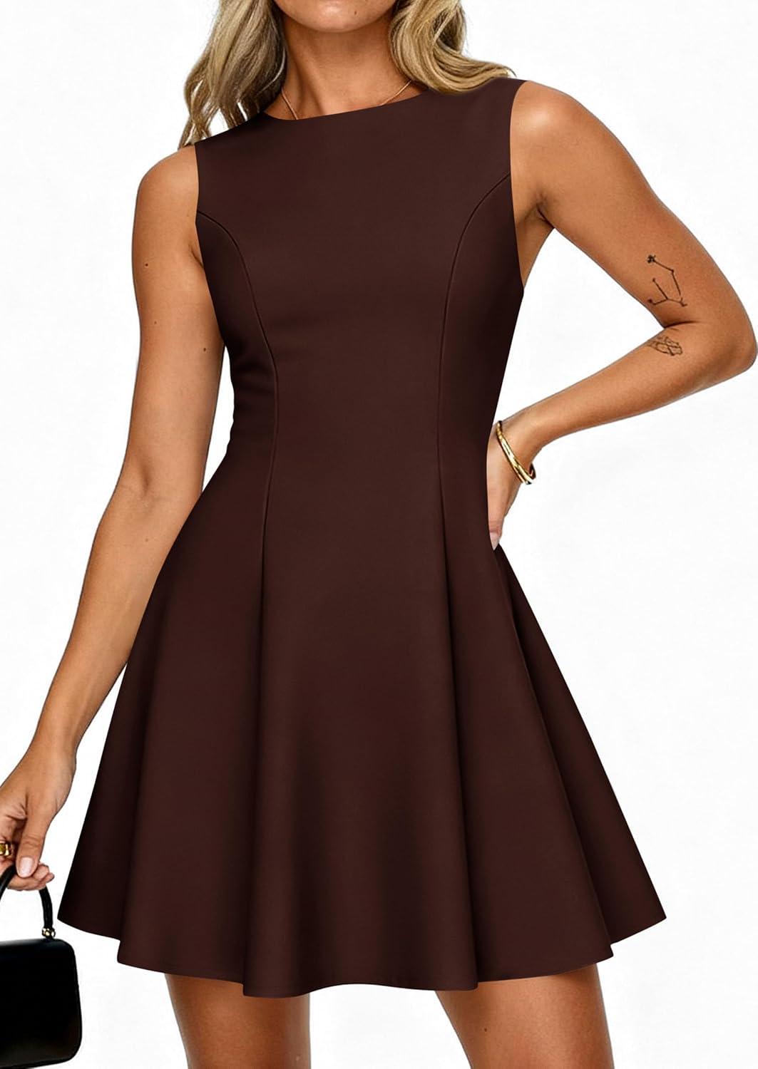 imagePRETTYGARDEN Cocktail Dresses for Women 2026 Summer Formal Boat Neck A Line Spring Elegant Graduation Party Mini DressBrown