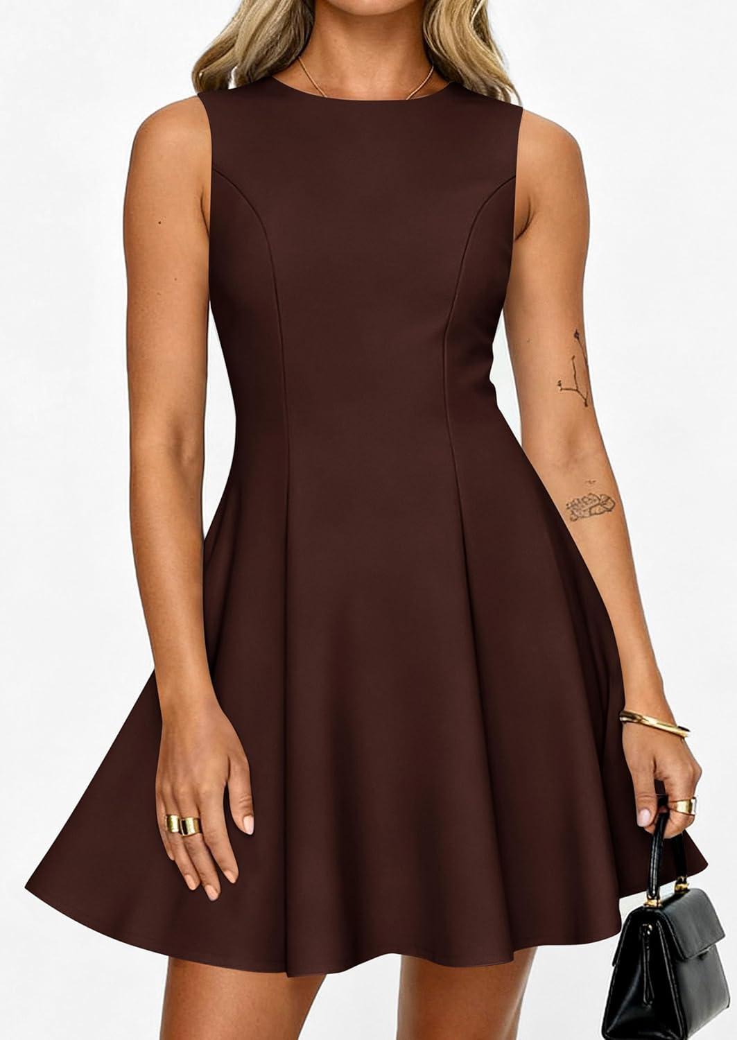 imagePRETTYGARDEN Cocktail Dresses for Women 2026 Summer Formal Boat Neck A Line Spring Elegant Graduation Party Mini DressBrown