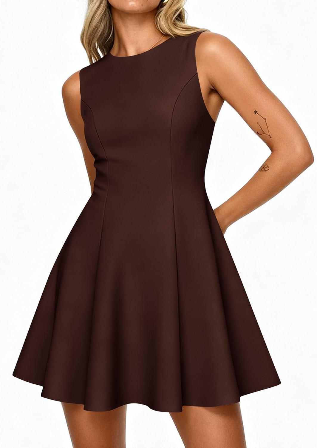 imagePRETTYGARDEN Cocktail Dresses for Women 2026 Summer Formal Boat Neck A Line Spring Elegant Graduation Party Mini DressBrown