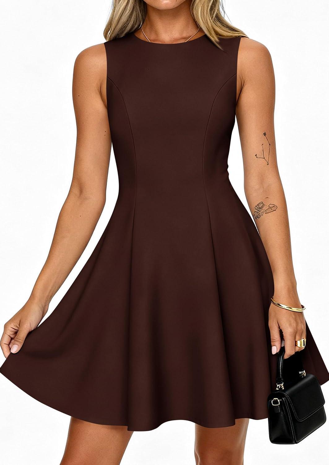 imagePRETTYGARDEN Cocktail Dresses for Women 2026 Summer Formal Boat Neck A Line Spring Elegant Graduation Party Mini DressBrown