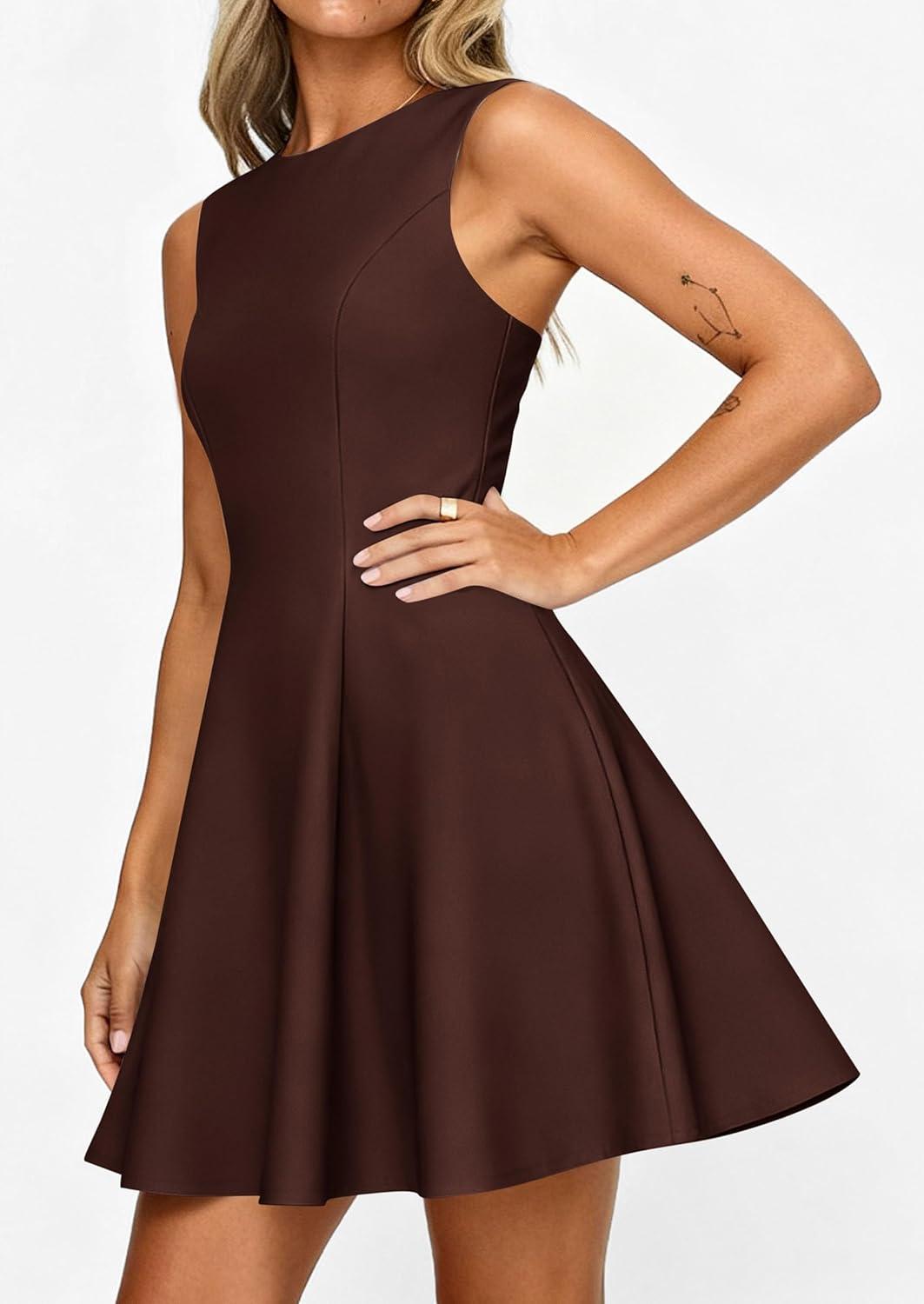 imagePRETTYGARDEN Cocktail Dresses for Women 2026 Summer Formal Boat Neck A Line Spring Elegant Graduation Party Mini DressBrown
