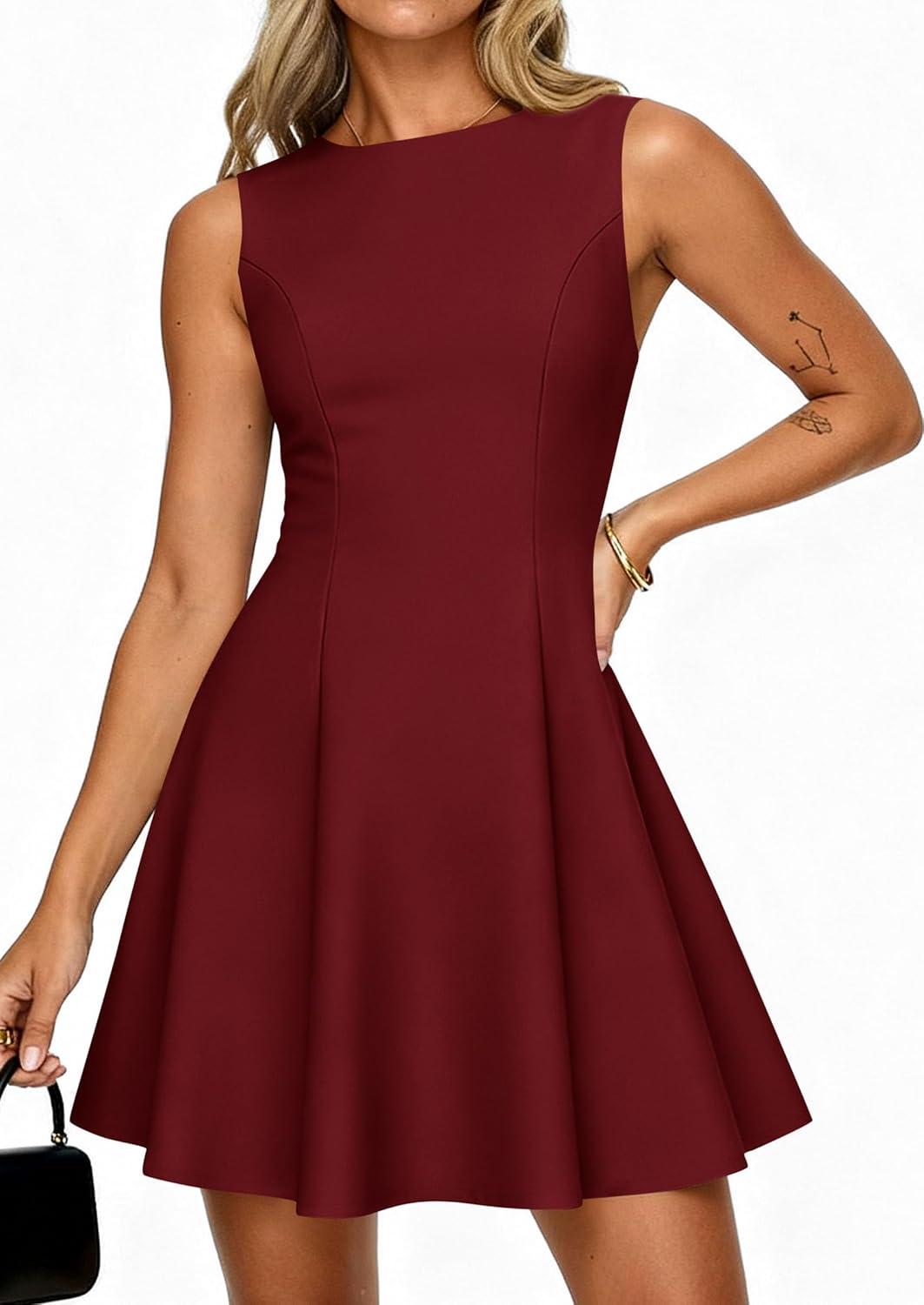 imagePRETTYGARDEN Cocktail Dresses for Women 2026 Summer Formal Boat Neck A Line Spring Elegant Graduation Party Mini DressBurgundy