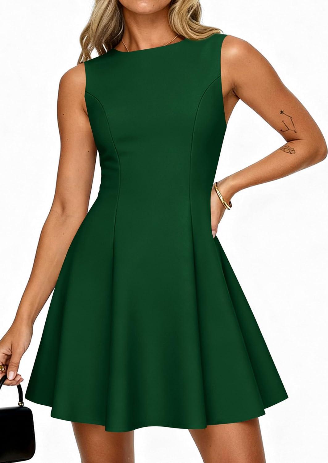 imagePRETTYGARDEN Cocktail Dresses for Women 2026 Summer Formal Boat Neck A Line Spring Elegant Graduation Party Mini DressDark Green