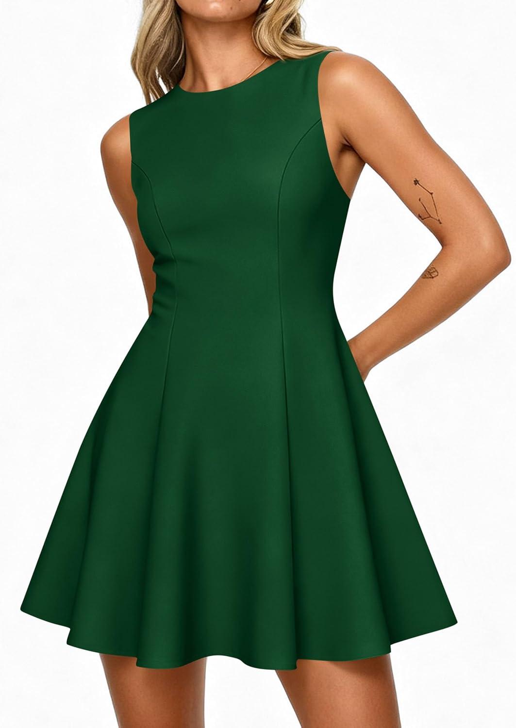 imagePRETTYGARDEN Cocktail Dresses for Women 2026 Summer Formal Boat Neck A Line Spring Elegant Graduation Party Mini DressDark Green