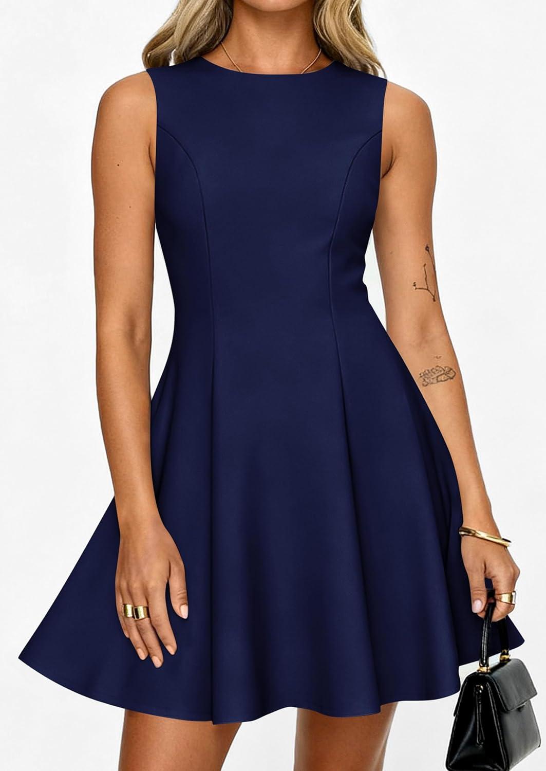 imagePRETTYGARDEN Cocktail Dresses for Women 2026 Summer Formal Boat Neck A Line Spring Elegant Graduation Party Mini DressNavy Blue