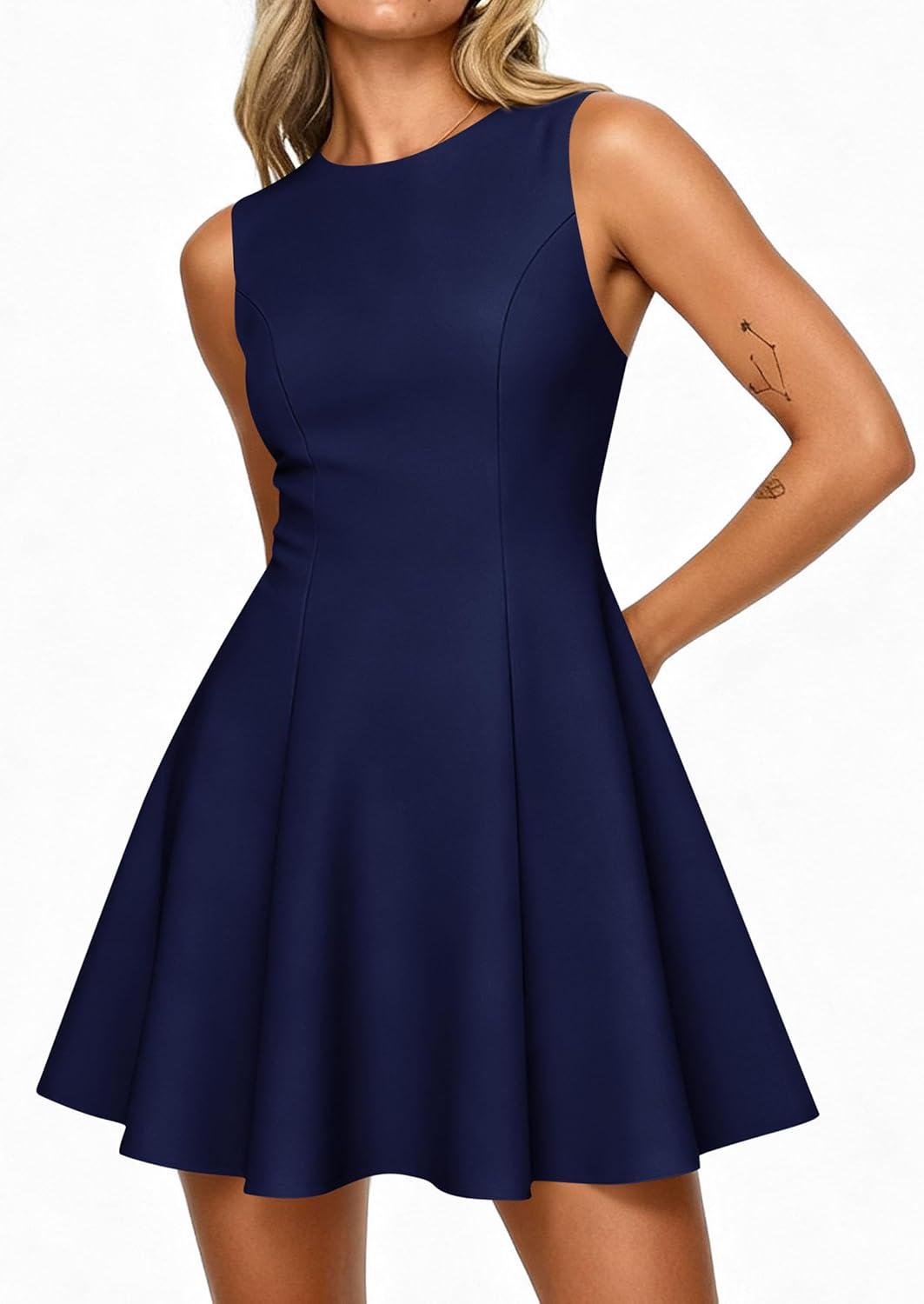 imagePRETTYGARDEN Cocktail Dresses for Women 2026 Summer Formal Boat Neck A Line Spring Elegant Graduation Party Mini DressNavy Blue