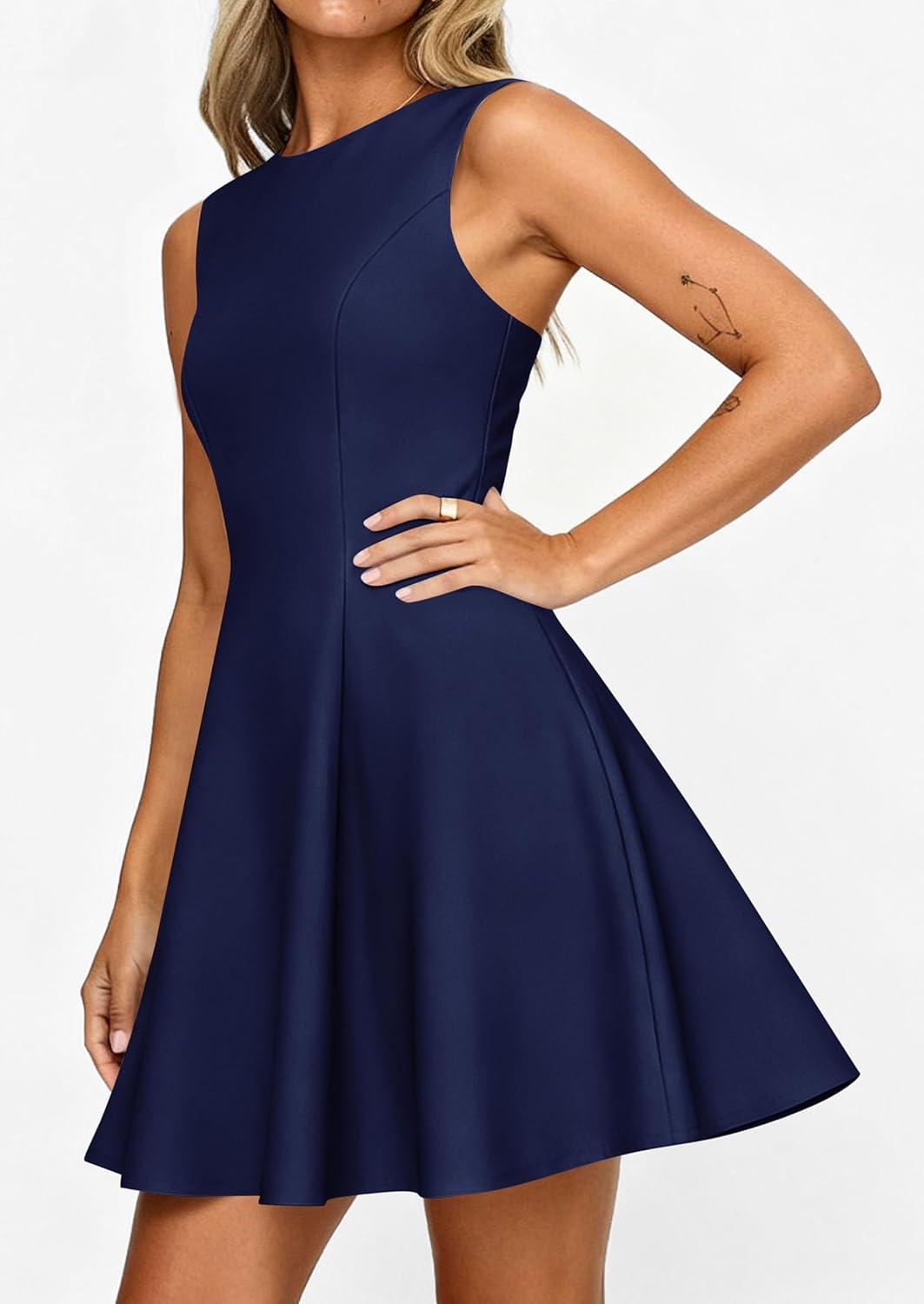 imagePRETTYGARDEN Cocktail Dresses for Women 2026 Summer Formal Boat Neck A Line Spring Elegant Graduation Party Mini DressNavy Blue