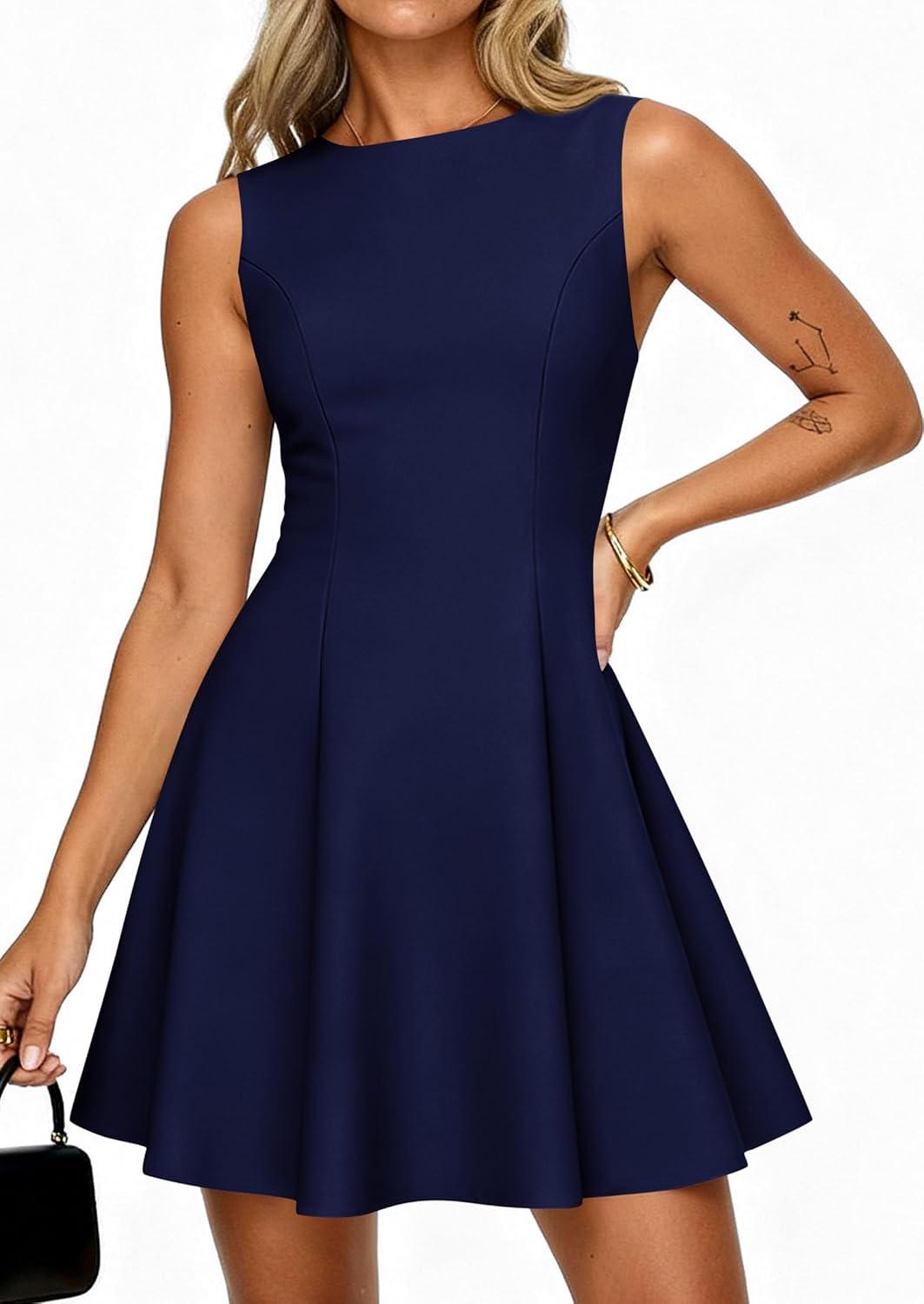 imagePRETTYGARDEN Cocktail Dresses for Women 2026 Summer Formal Boat Neck A Line Spring Elegant Graduation Party Mini DressNavy Blue