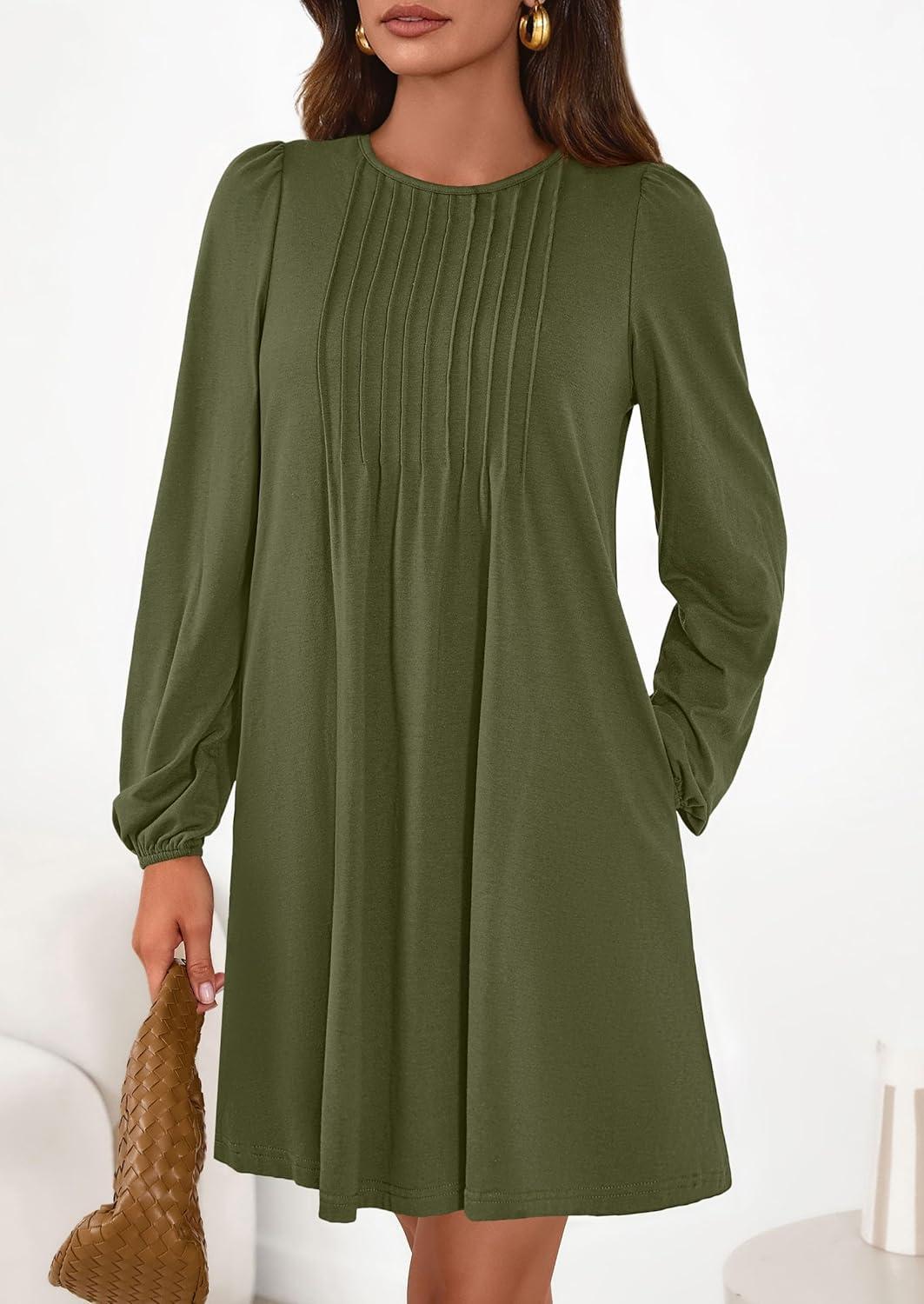 imagePRETTYGARDEN Fall Dresses for Women 2026 Long Sleeve Mini Short Flowy A Line Casual Holiday Party Tunic Dress Fashion ClothesArmy Green