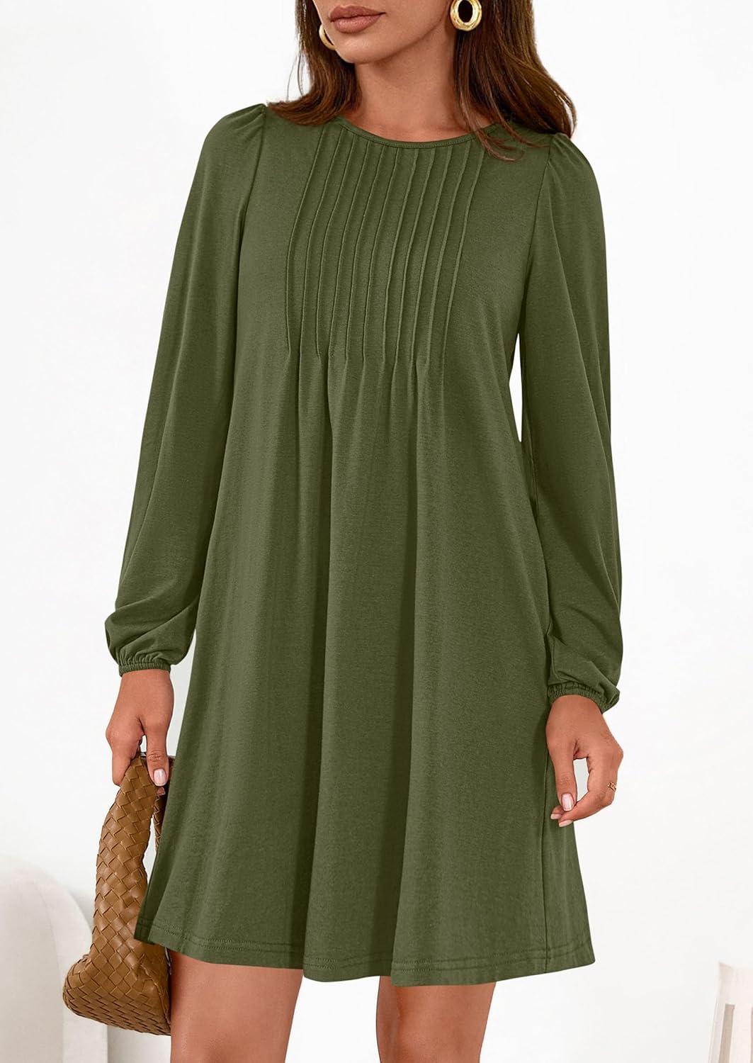 imagePRETTYGARDEN Fall Dresses for Women 2026 Long Sleeve Mini Short Flowy A Line Casual Holiday Party Tunic Dress Fashion ClothesArmy Green