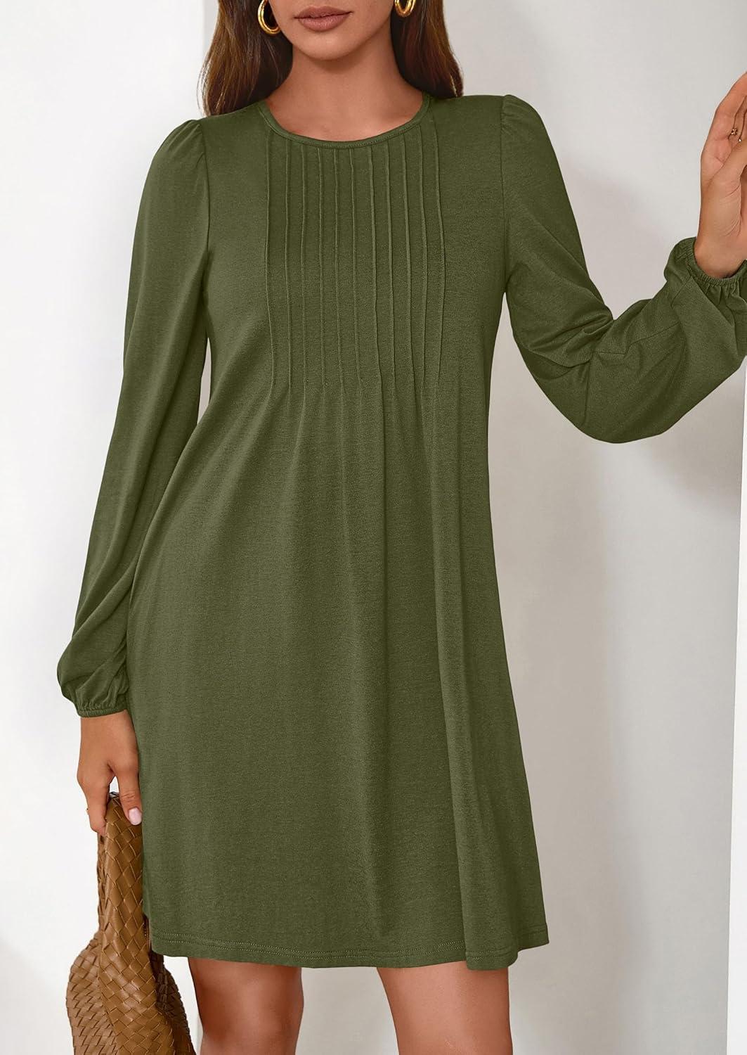 imagePRETTYGARDEN Fall Dresses for Women 2026 Long Sleeve Mini Short Flowy A Line Casual Holiday Party Tunic Dress Fashion ClothesArmy Green