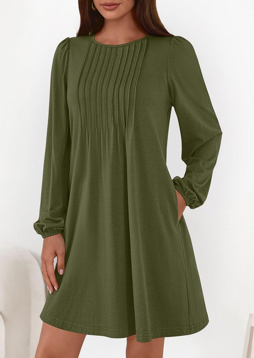 imagePRETTYGARDEN Fall Dresses for Women 2026 Long Sleeve Mini Short Flowy A Line Casual Holiday Party Tunic Dress Fashion ClothesArmy Green