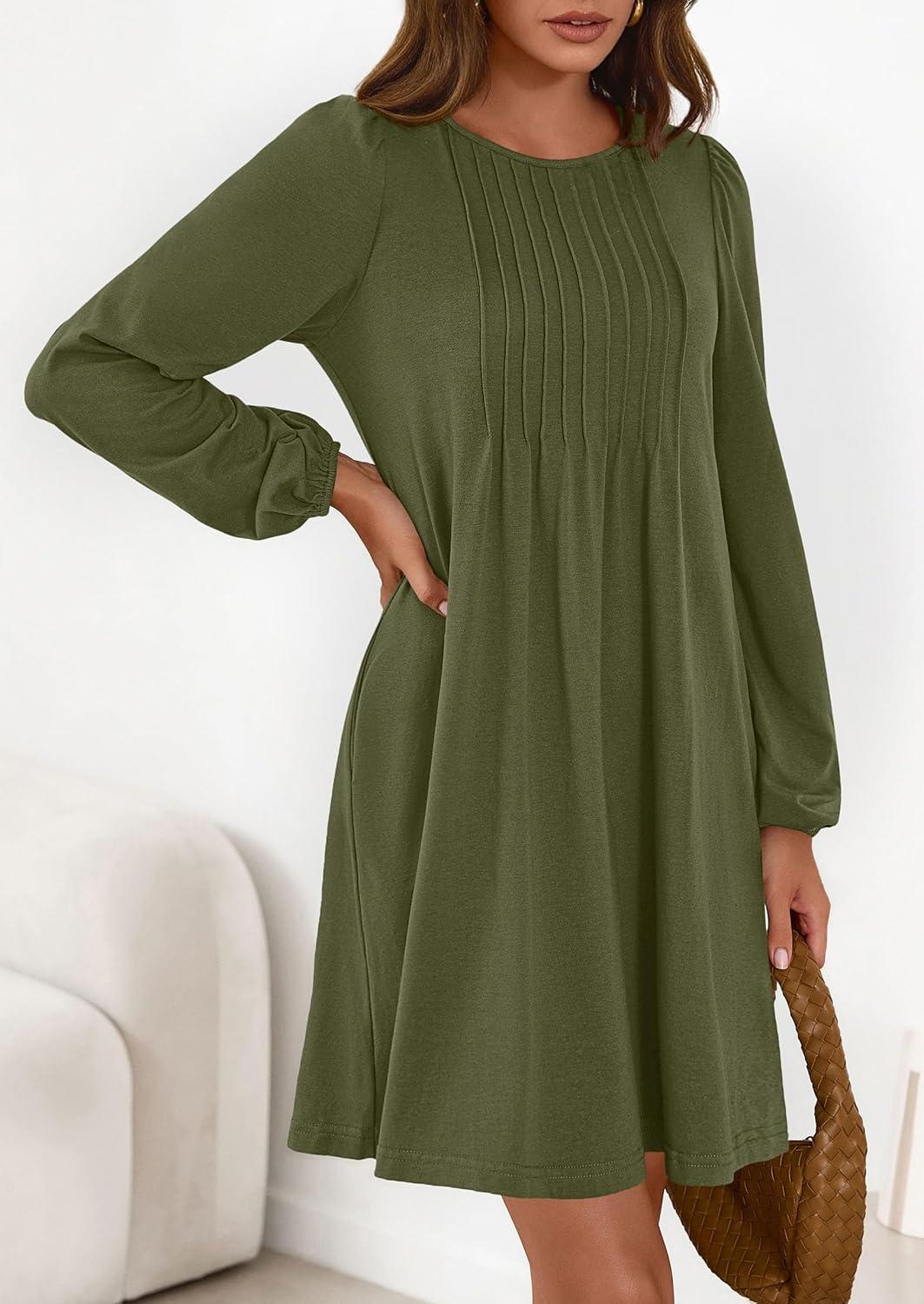 imagePRETTYGARDEN Fall Dresses for Women 2026 Long Sleeve Mini Short Flowy A Line Casual Holiday Party Tunic Dress Fashion ClothesArmy Green
