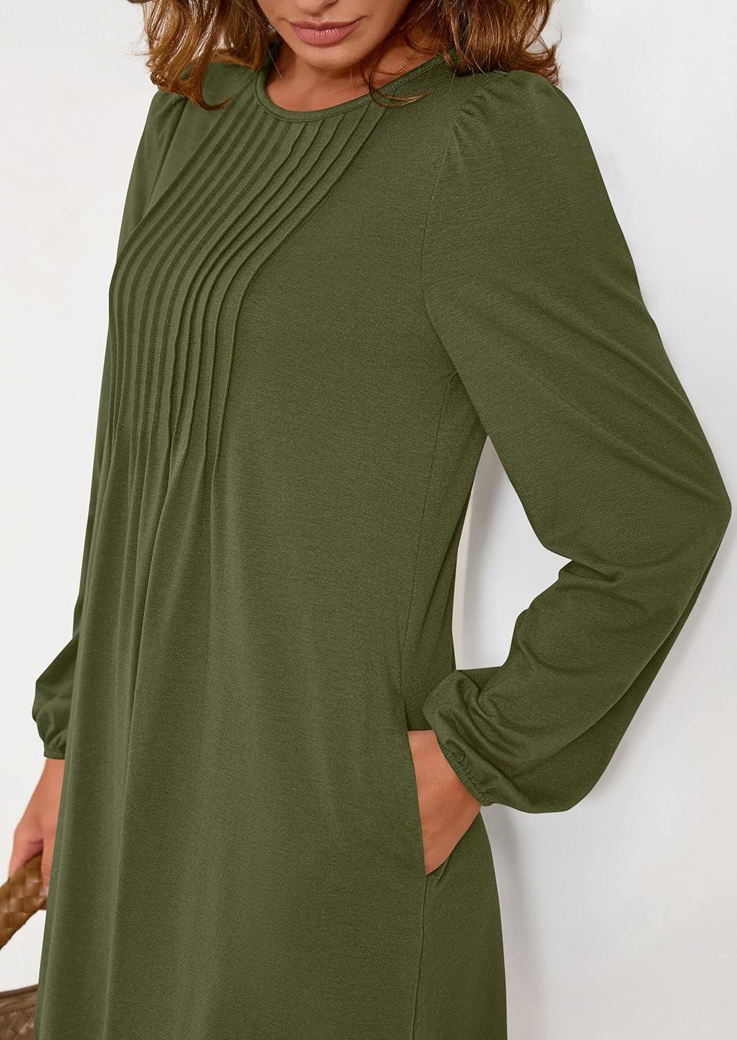 imagePRETTYGARDEN Fall Dresses for Women 2026 Long Sleeve Mini Short Flowy A Line Casual Holiday Party Tunic Dress Fashion ClothesArmy Green