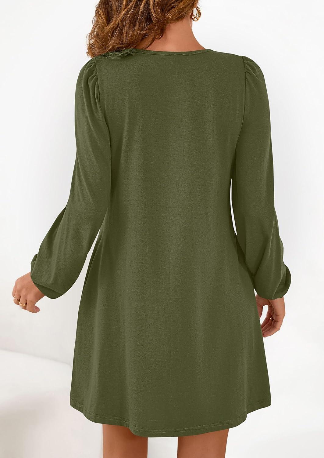imagePRETTYGARDEN Fall Dresses for Women 2026 Long Sleeve Mini Short Flowy A Line Casual Holiday Party Tunic Dress Fashion ClothesArmy Green
