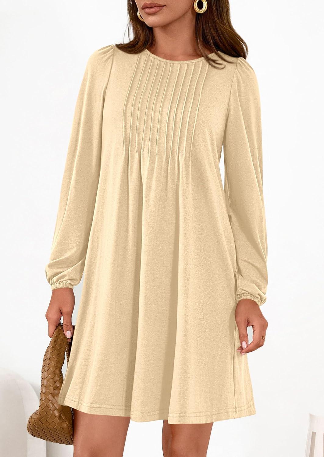 imagePRETTYGARDEN Fall Dresses for Women 2026 Long Sleeve Mini Short Flowy A Line Casual Holiday Party Tunic Dress Fashion ClothesBeige