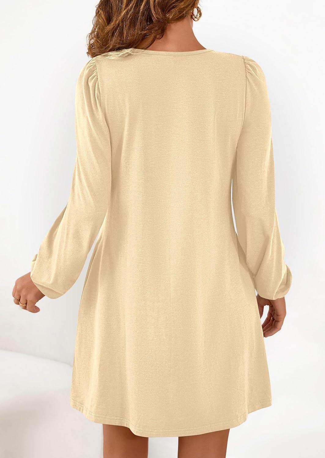 imagePRETTYGARDEN Fall Dresses for Women 2026 Long Sleeve Mini Short Flowy A Line Casual Holiday Party Tunic Dress Fashion ClothesBeige