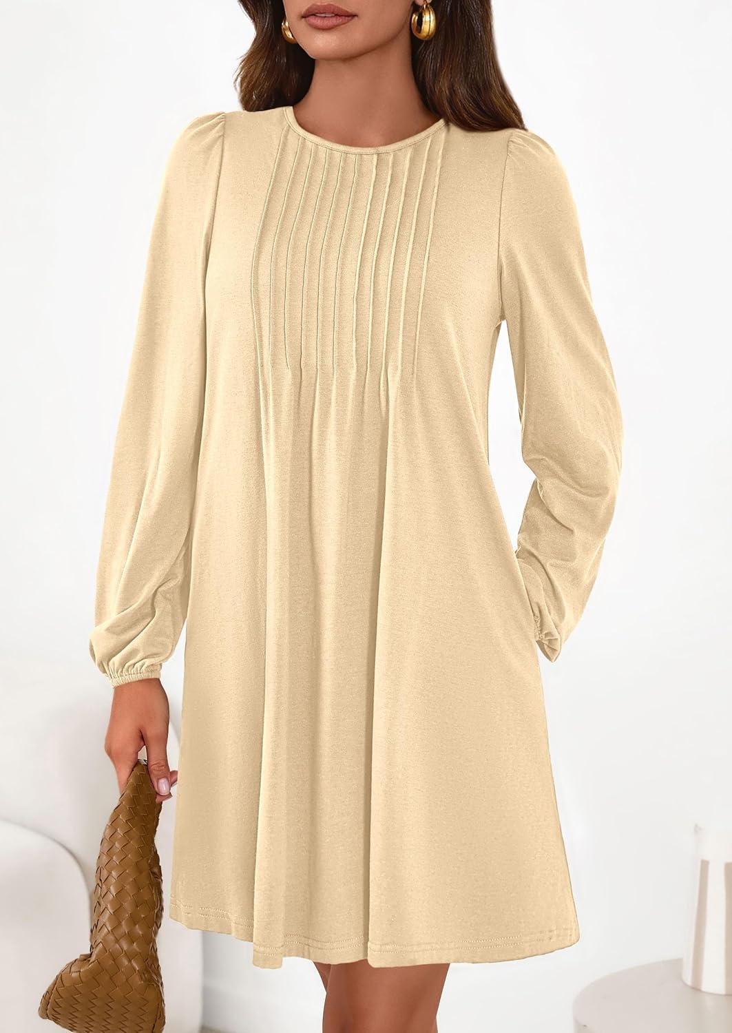 imagePRETTYGARDEN Fall Dresses for Women 2026 Long Sleeve Mini Short Flowy A Line Casual Holiday Party Tunic Dress Fashion ClothesBeige