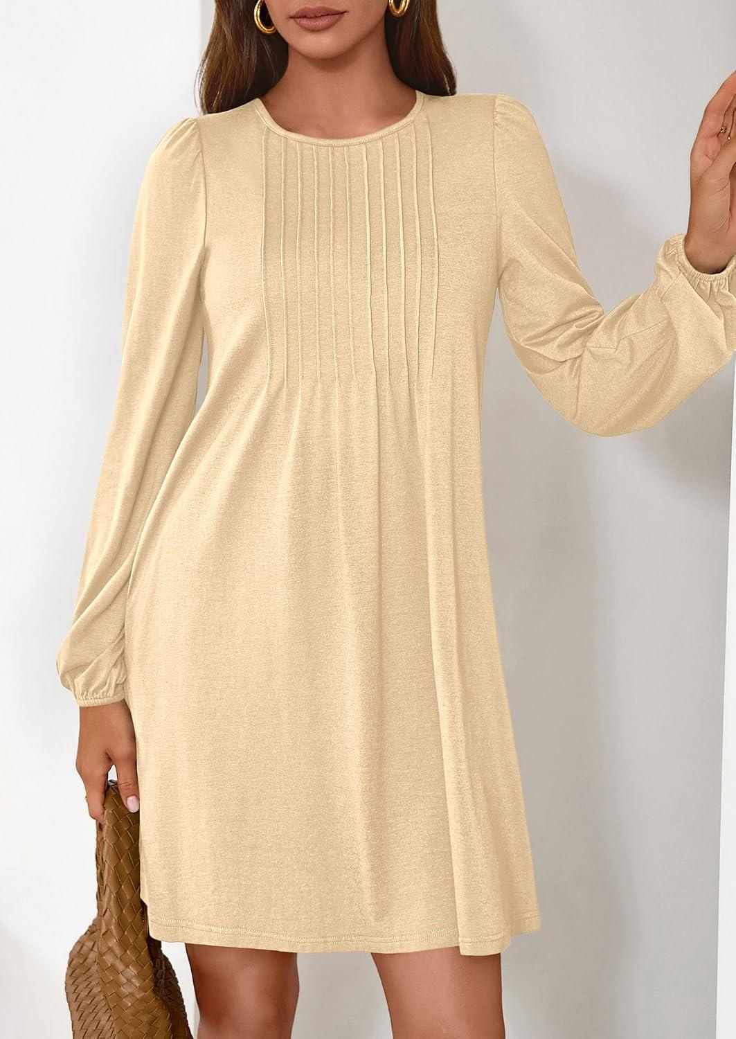 imagePRETTYGARDEN Fall Dresses for Women 2026 Long Sleeve Mini Short Flowy A Line Casual Holiday Party Tunic Dress Fashion ClothesBeige