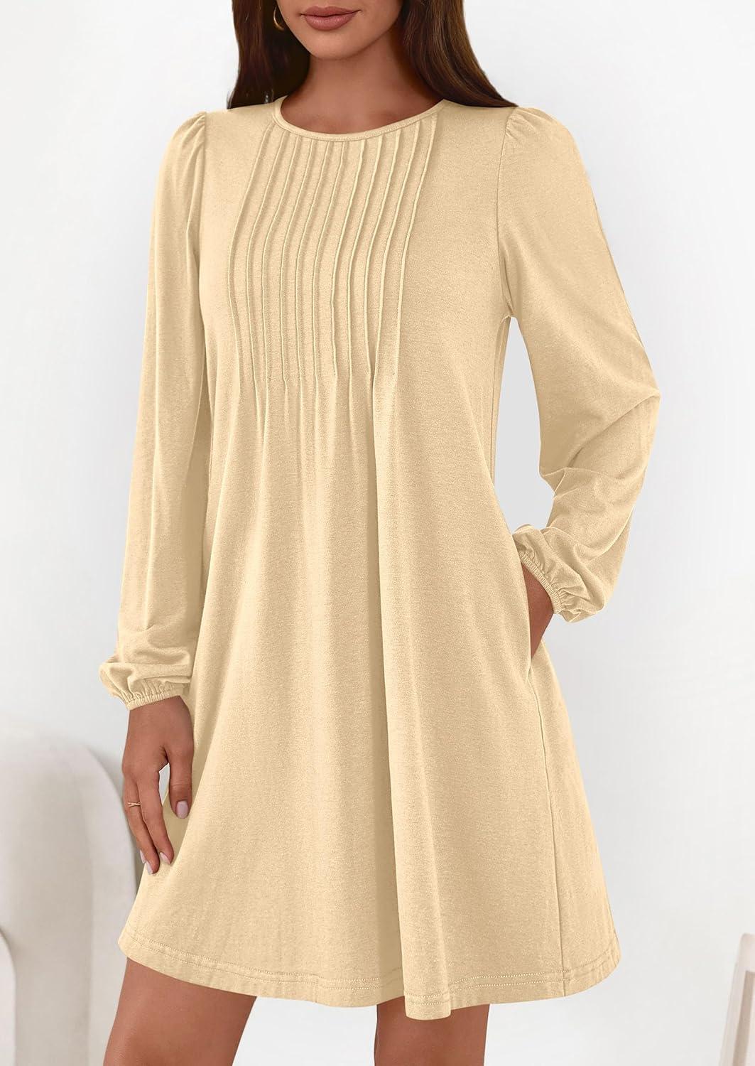 imagePRETTYGARDEN Fall Dresses for Women 2026 Long Sleeve Mini Short Flowy A Line Casual Holiday Party Tunic Dress Fashion ClothesBeige